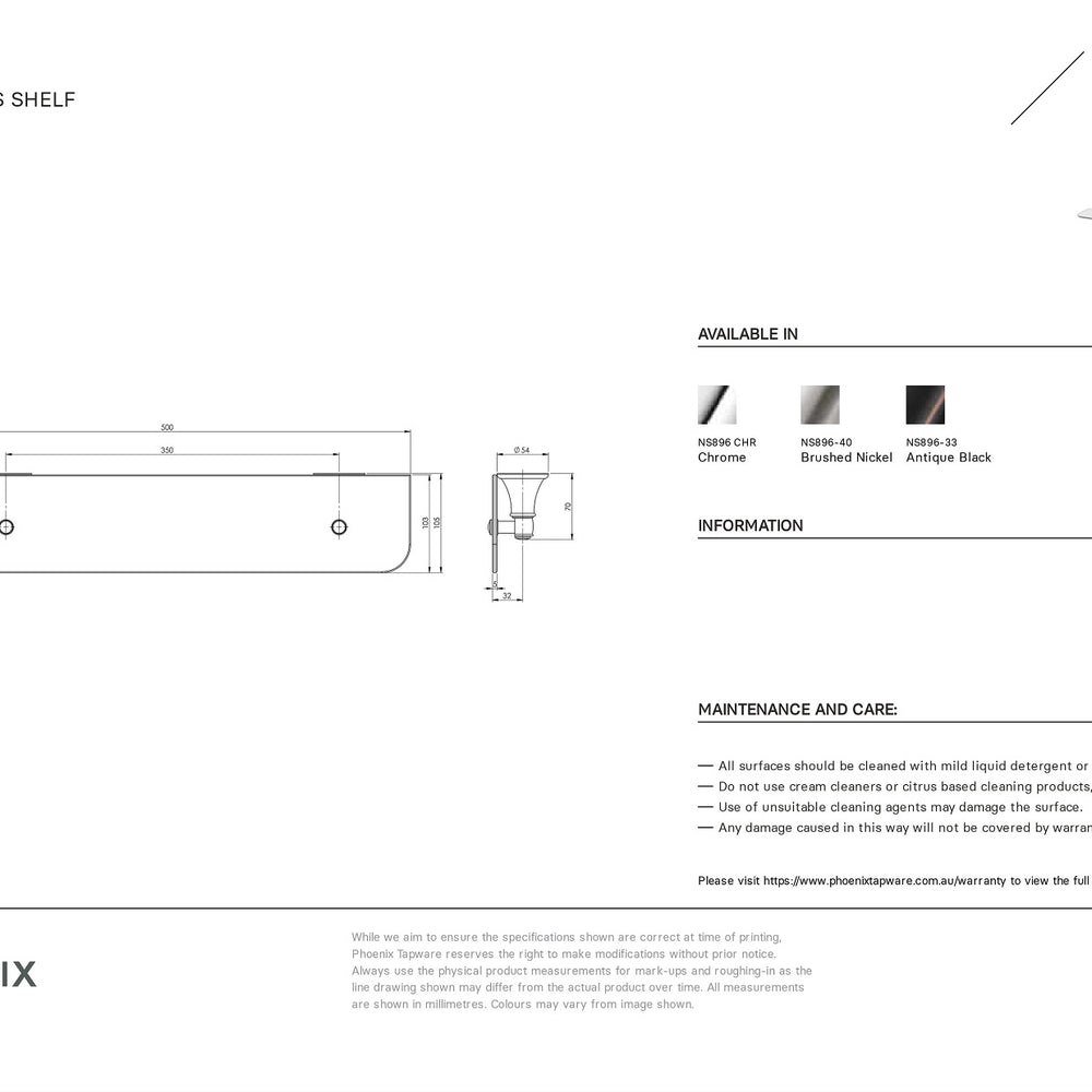 PHOENIX NOSTALGIA GLASS SHELF BRUSHED NICKEL 500MM