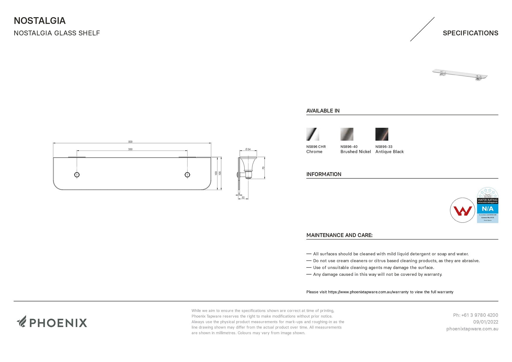 PHOENIX NOSTALGIA GLASS SHELF BRUSHED NICKEL 500MM