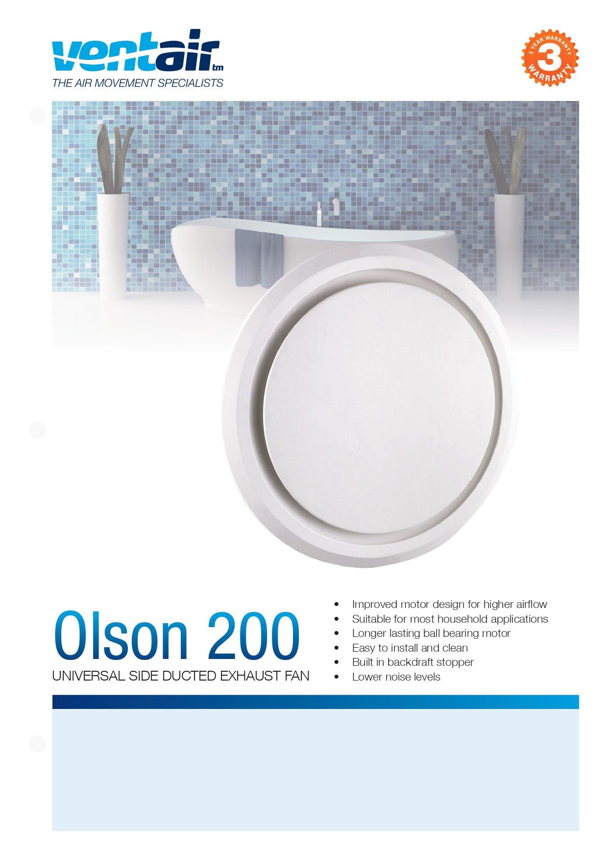 VENTAIR OLSON UNIVERSAL SIDE DUCTED EXHAUST FAN WHITE (AVAILABLE IN 200MM AND 250MM)