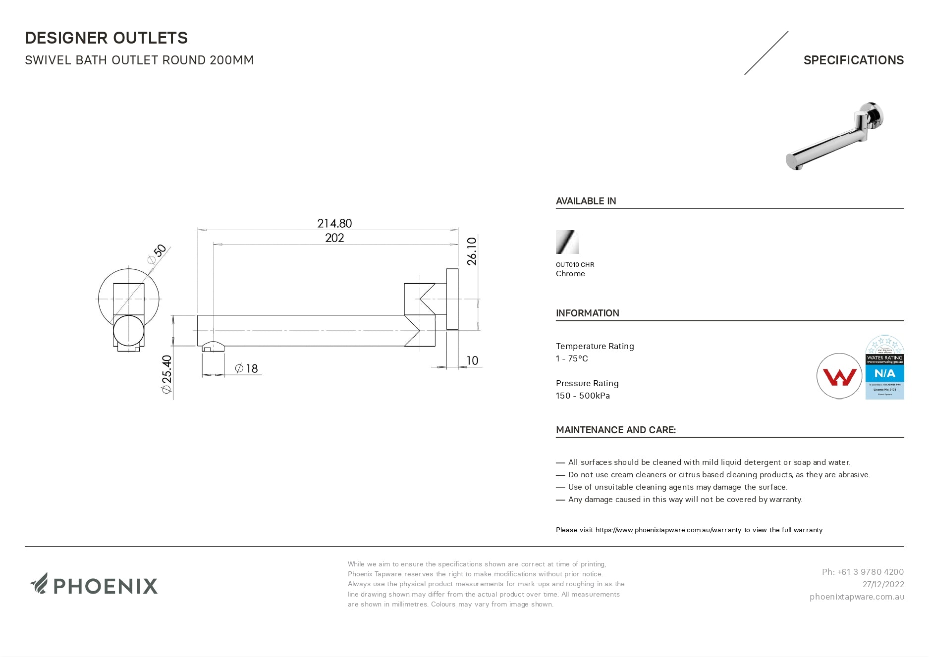 PHOENIX SWIVEL BATH OUTLET ROUND 200MM CHROME