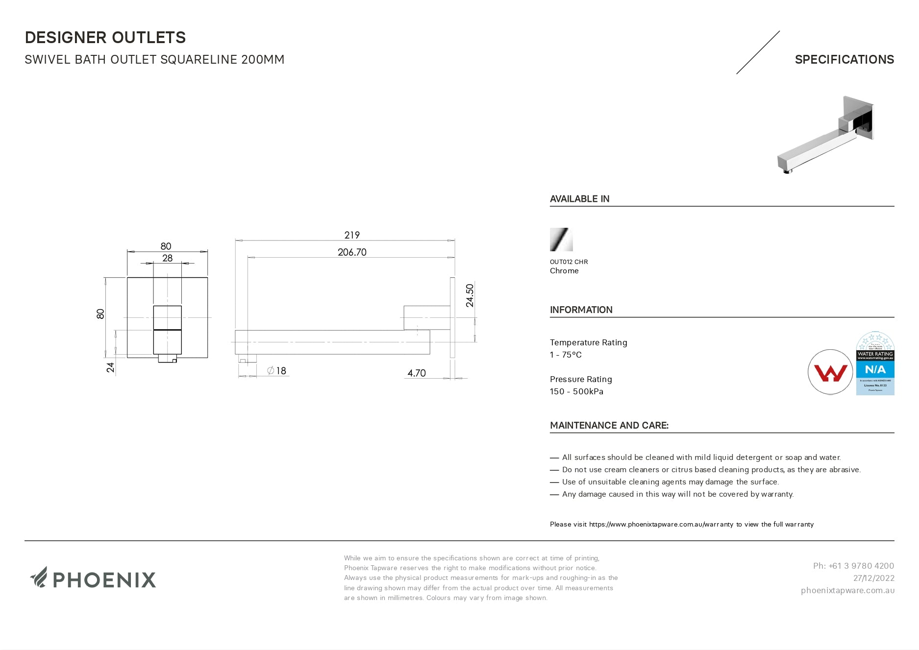 PHOENIX SWIVEL BATH OUTLET SQUARE 200MM CHROME