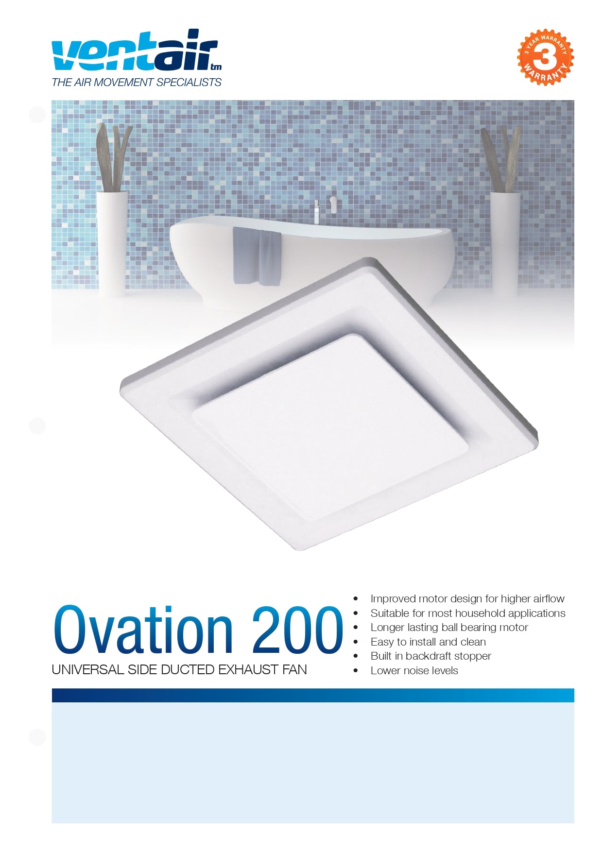 VENTAIR OVATION UNIVERSAL SIDE DUCTED EXHAUST FAN WHITE (AVAILABLE IN 200MM AND 250MM)