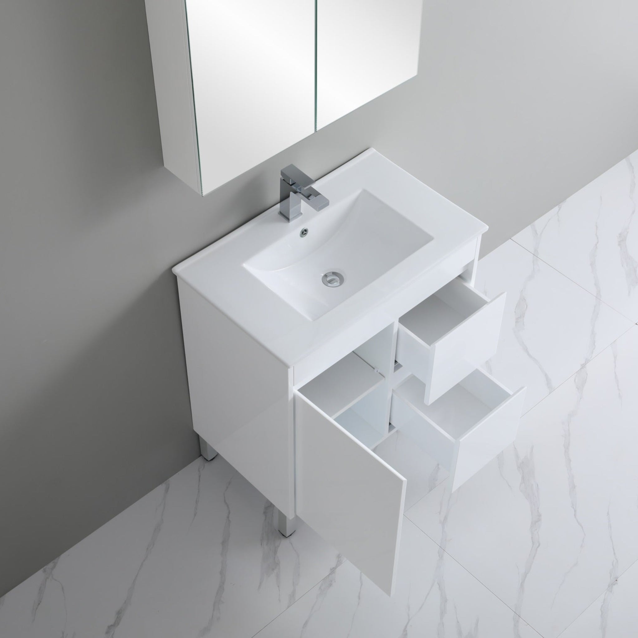 POSEIDON WHITE 750MM SINGLE BOWL FLOOR STANDING VANITY (AVAILABLE IN LEFT AND RIGHT HAND DRAWER)