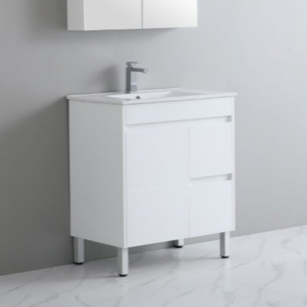 POSEIDON POLAR GLOSS WHITE 750MM SINGLE BOWL FLOOR STANDING VANITY (AVAILABLE IN LEFT AND RIGHT HAND DRAWER)