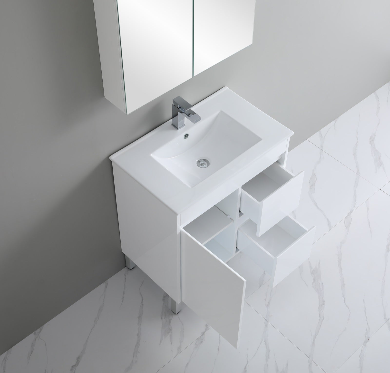 POSEIDON WHITE 750MM SINGLE BOWL FLOOR STANDING VANITY (AVAILABLE IN LEFT AND RIGHT HAND DRAWER)