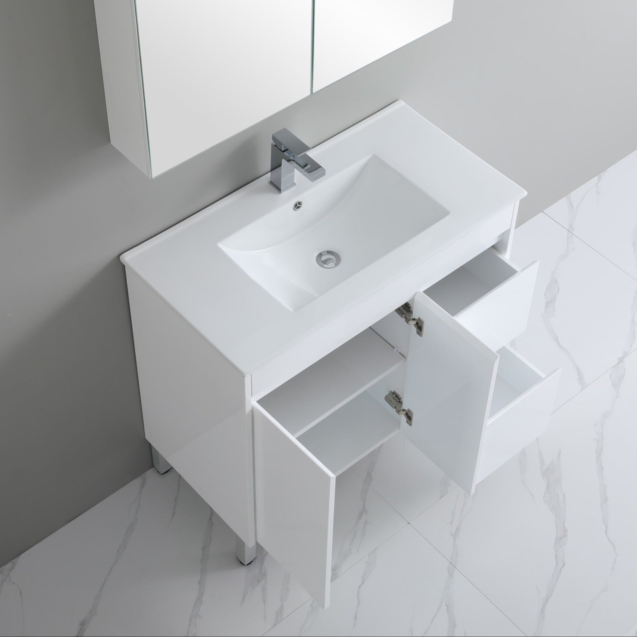 POSEIDON WHITE 900MM SINGLE BOWL FLOOR STANDING VANITY (AVAILABLE IN LEFT AND RIGHT HAND DRAWER)