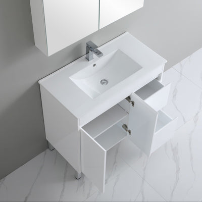 POSEIDON POLAR GLOSS WHITE 900MM SINGLE BOWL FLOOR STANDING VANITY (AVAILABLE IN LEFT AND RIGHT HAND DRAWER)