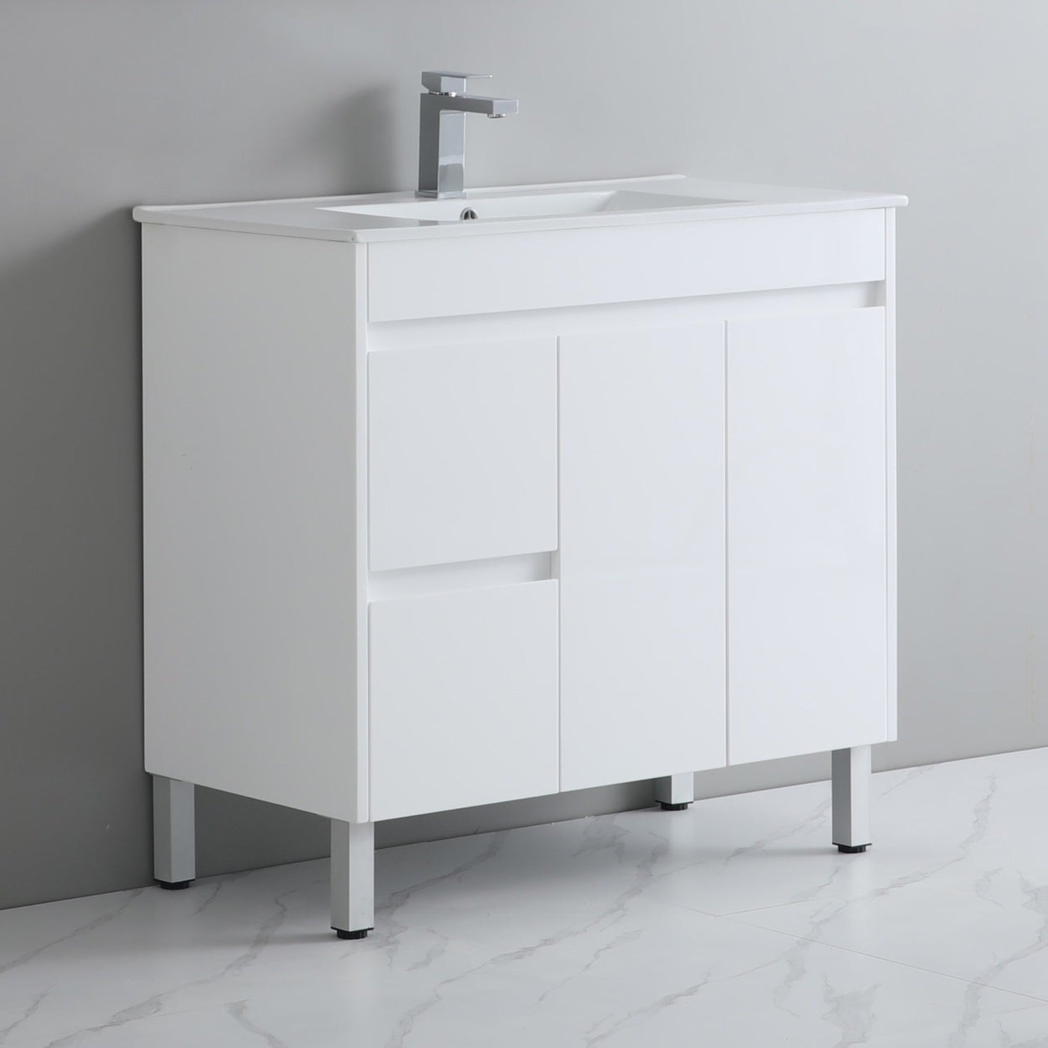 POSEIDON WHITE 900MM SINGLE BOWL FLOOR STANDING VANITY (AVAILABLE IN LEFT AND RIGHT HAND DRAWER)