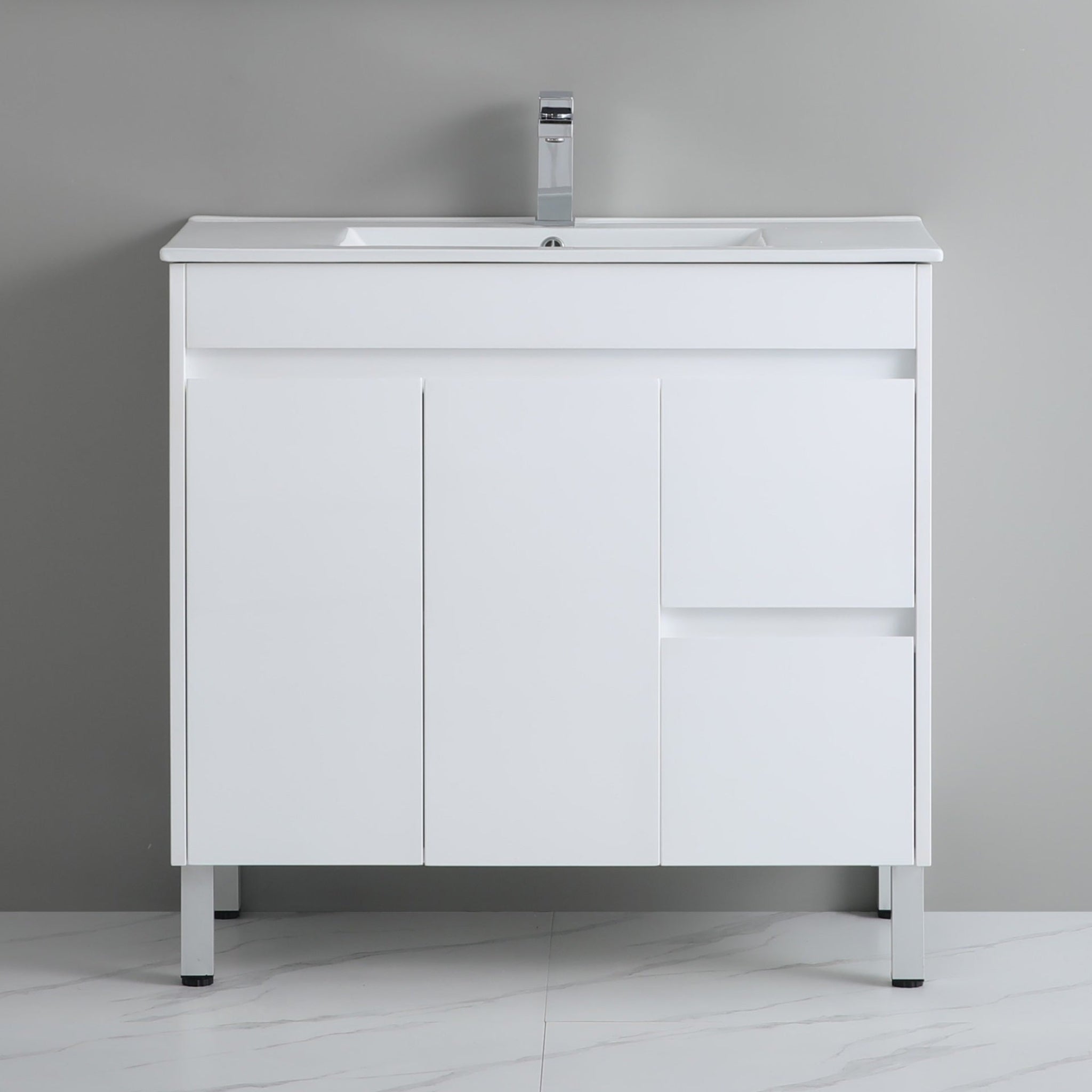 POSEIDON WHITE 900MM SINGLE BOWL FLOOR STANDING VANITY (AVAILABLE IN LEFT AND RIGHT HAND DRAWER)