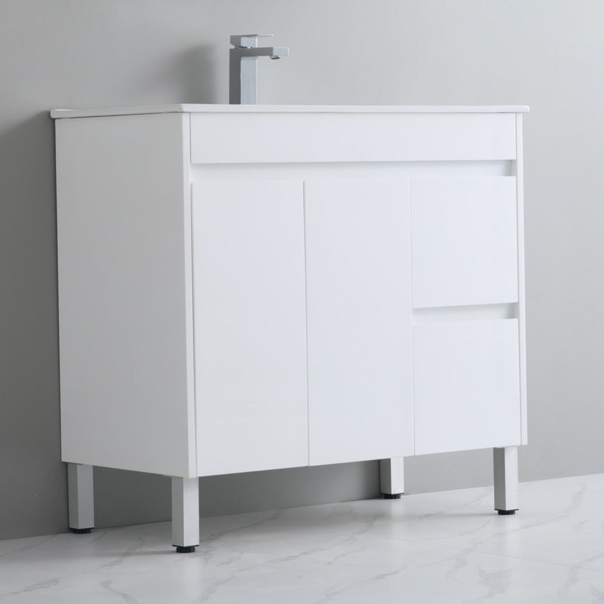 POSEIDON WHITE 900MM SINGLE BOWL FLOOR STANDING VANITY (AVAILABLE IN LEFT AND RIGHT HAND DRAWER)