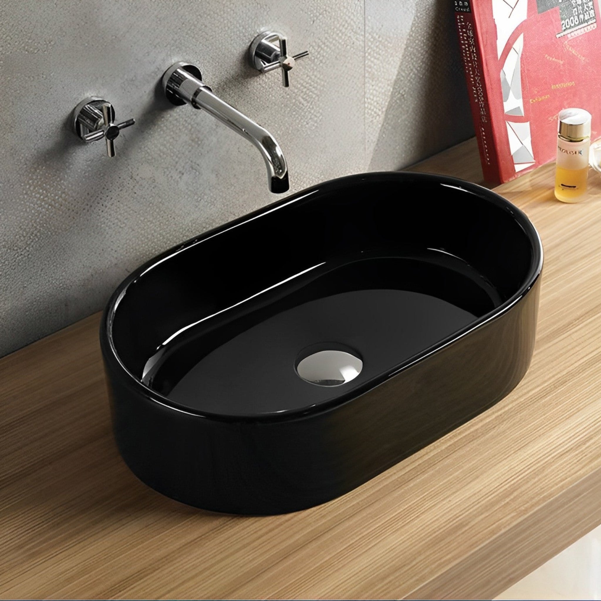 POSEIDON ABOVE COUNTER ART BASIN GLOSS BLACK 550MM
