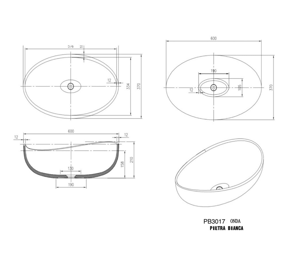 PIETRA BIANCA ONDA ABOVE COUNTER STONE BASIN WITH CUSTOM COLOURS 600MM