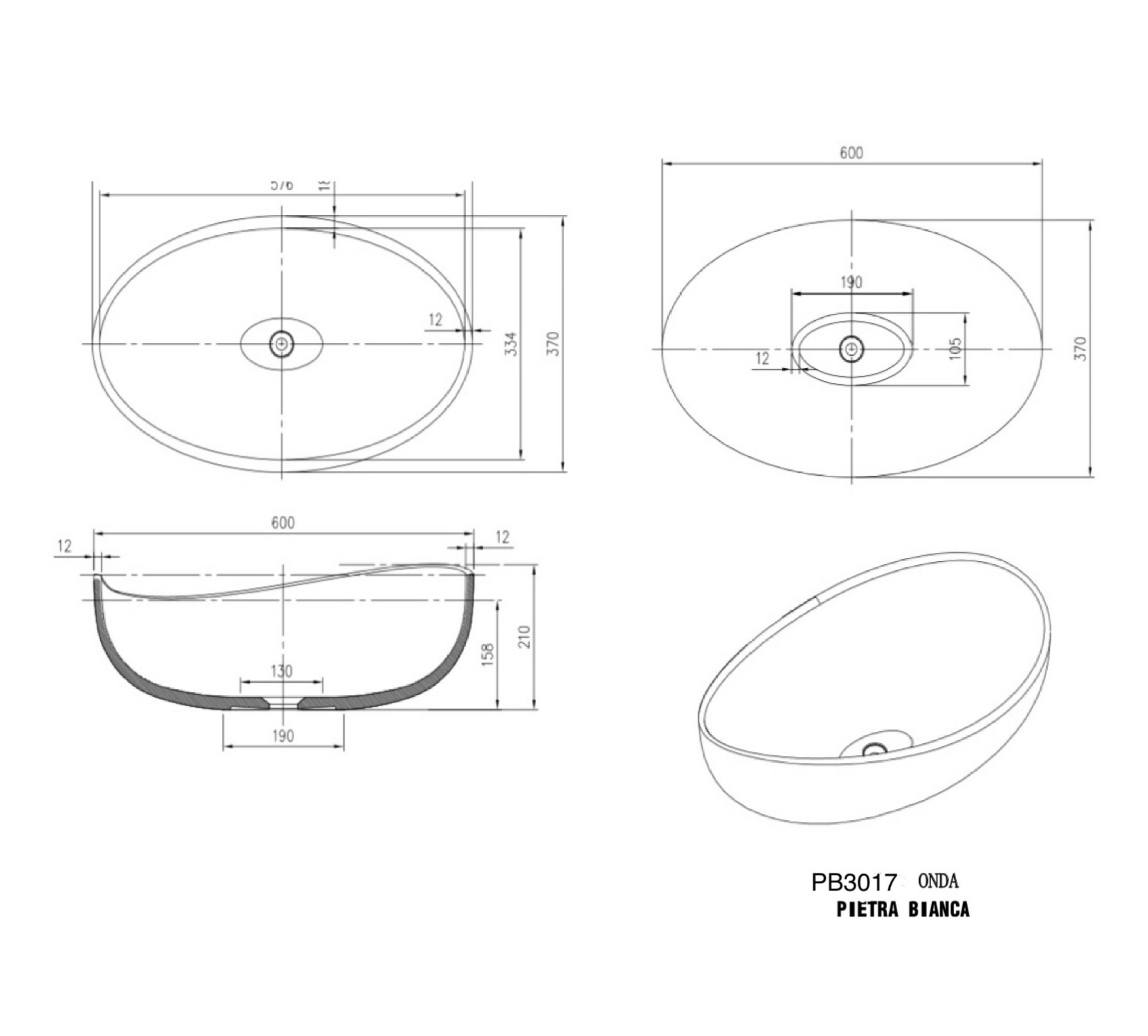 PIETRA BIANCA ONDA ABOVE COUNTER STONE BASIN WITH CUSTOM COLOURS 600MM