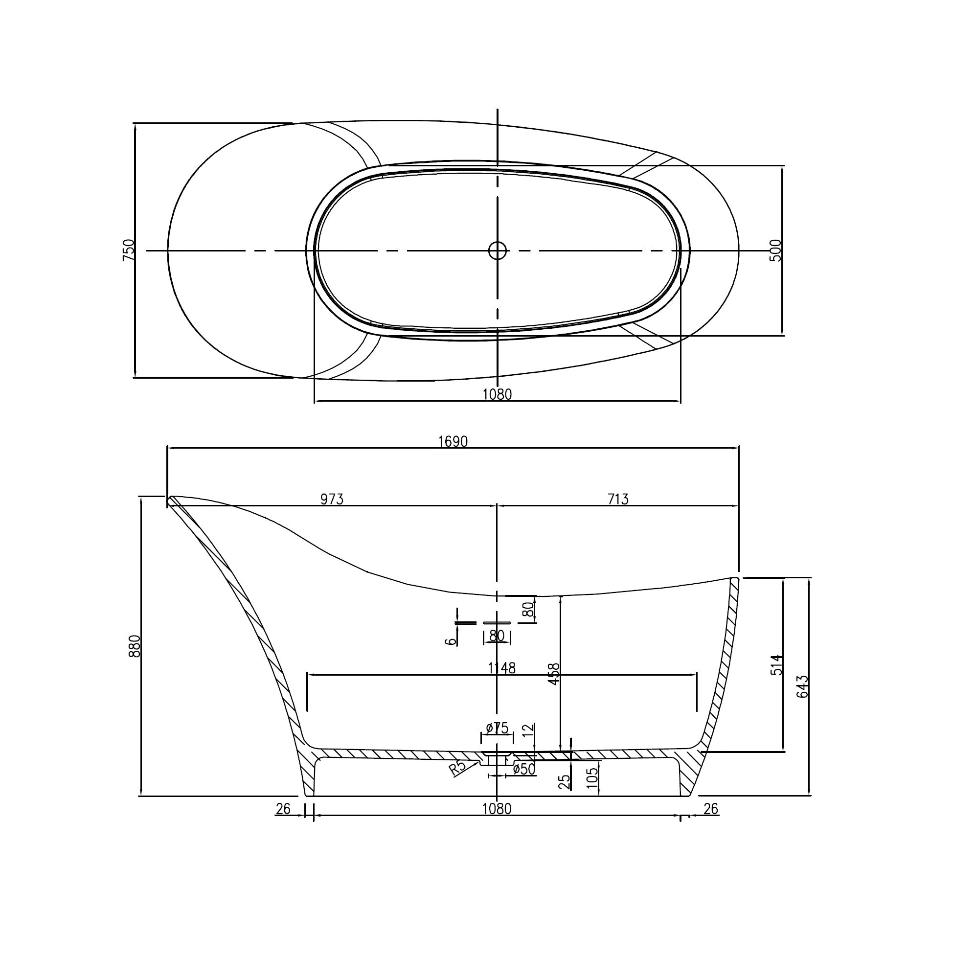 PIETRA BIANCA ANNA FREESTANDING STONE BATHTUB WITH CUSTOM COLOURS 1690MM