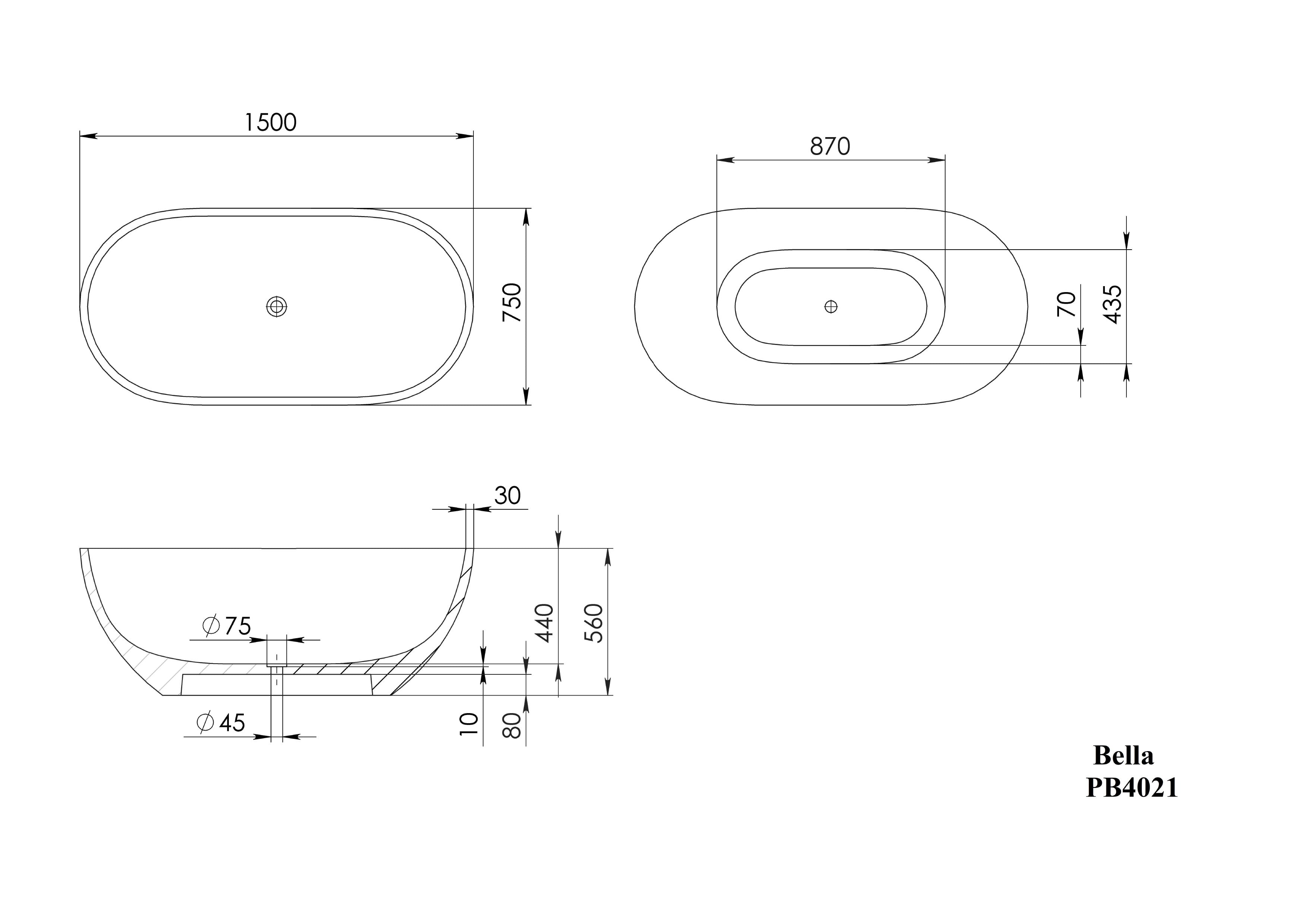 PIETRA BIANCA BELLA MODERN FREESTANDING STONE BATHTUB WITH CUSTOM COLOURS (AVAILABLE IN 1500MM, 1600MM, 1700MM AND 1800MM)