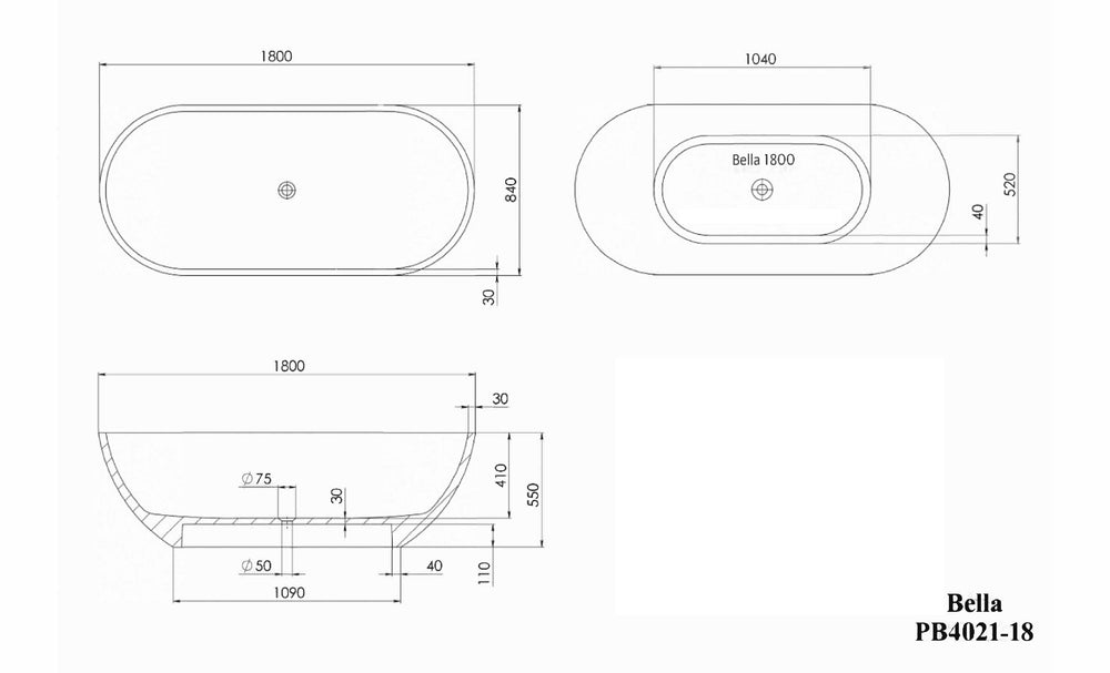 PIETRA BIANCA BELLA MODERN FREESTANDING STONE BATHTUB WITH CUSTOM COLOURS (AVAILABLE IN 1500MM, 1600MM, 1700MM AND 1800MM)