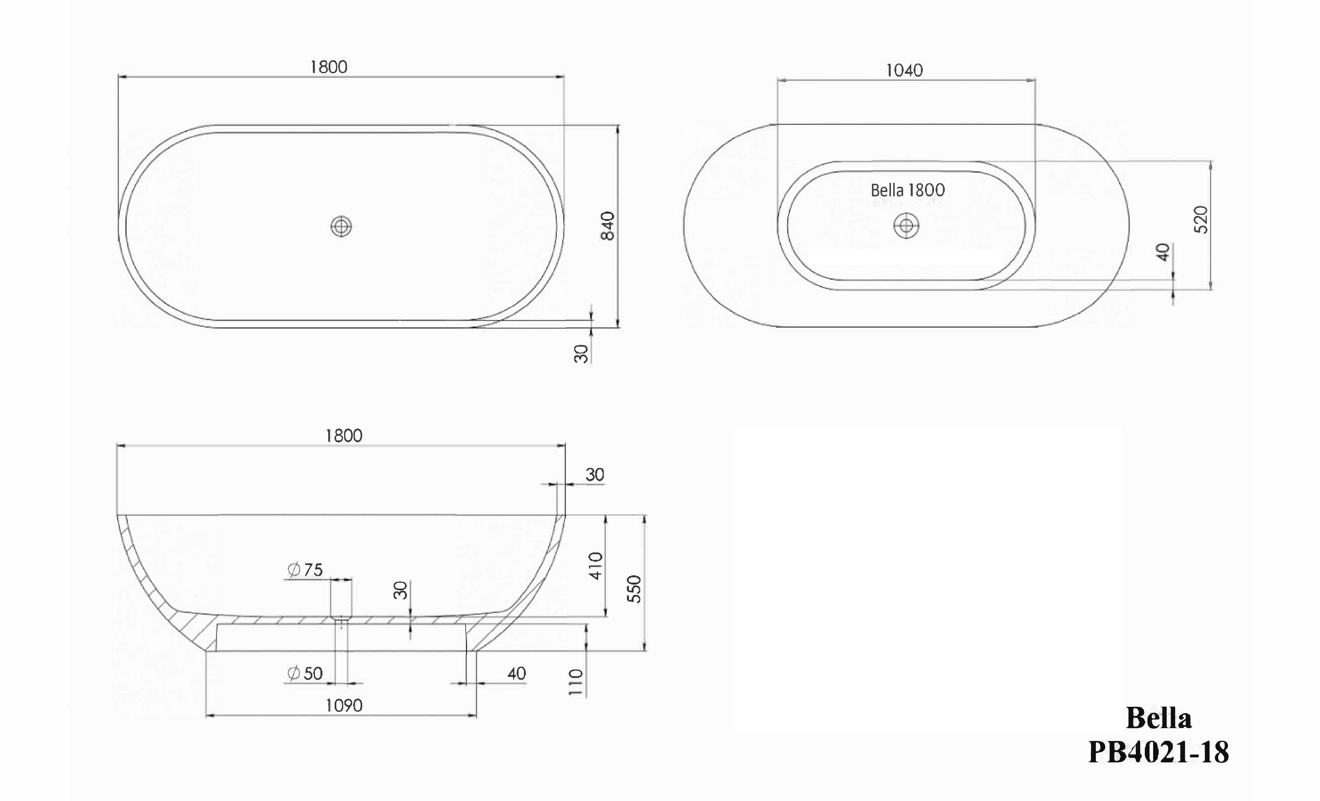 PIETRA BIANCA BELLA MODERN FREESTANDING STONE BATHTUB WITH CUSTOM COLOURS (AVAILABLE IN 1500MM, 1600MM, 1700MM AND 1800MM)