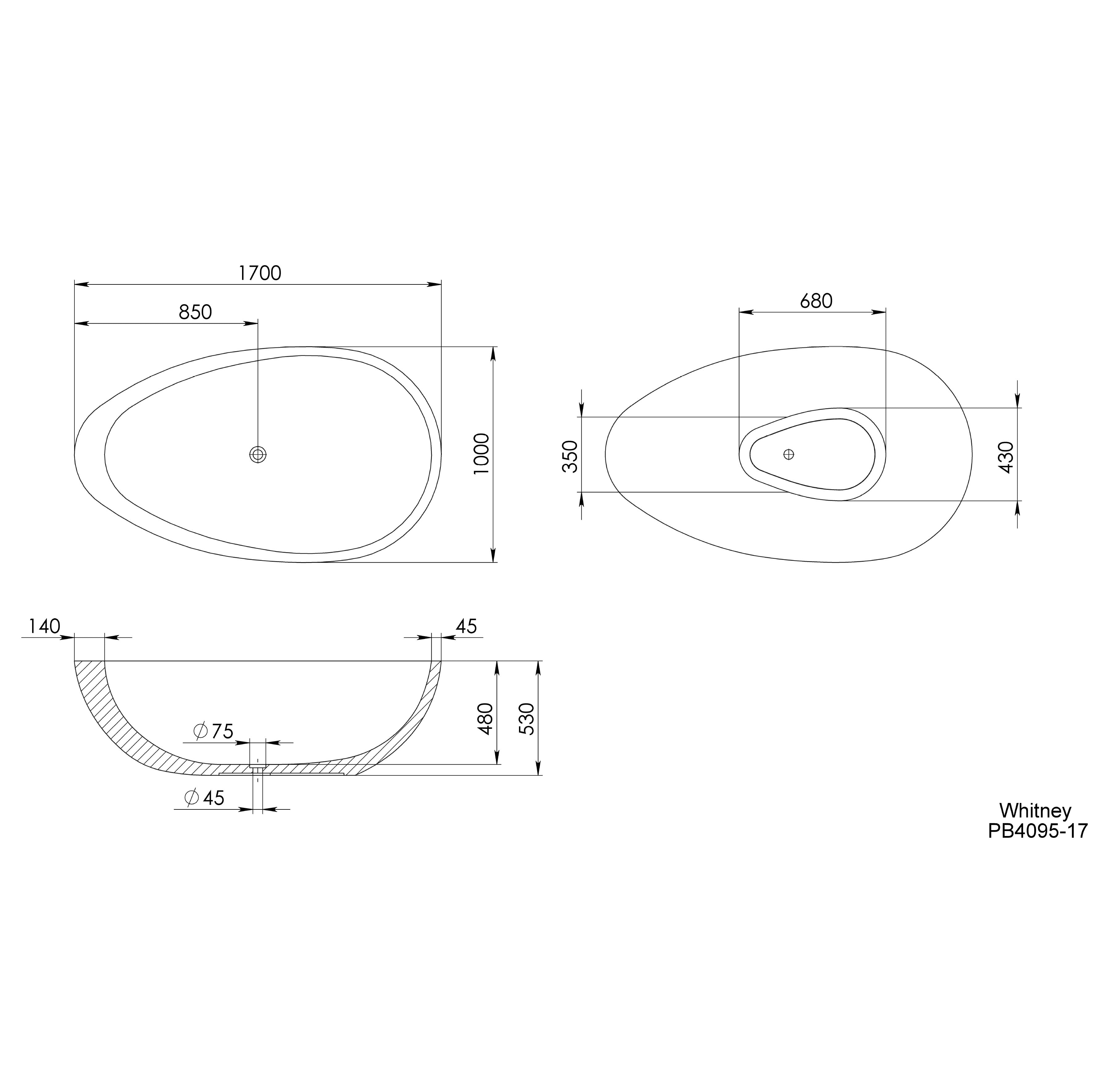 PIETRA BIANCA WHITNEY FREESTANDING STONE BATHTUB WITH CUSTOM COLOURS (AVAILABLE IN 1600MM, 1700MM AND 1800MM)