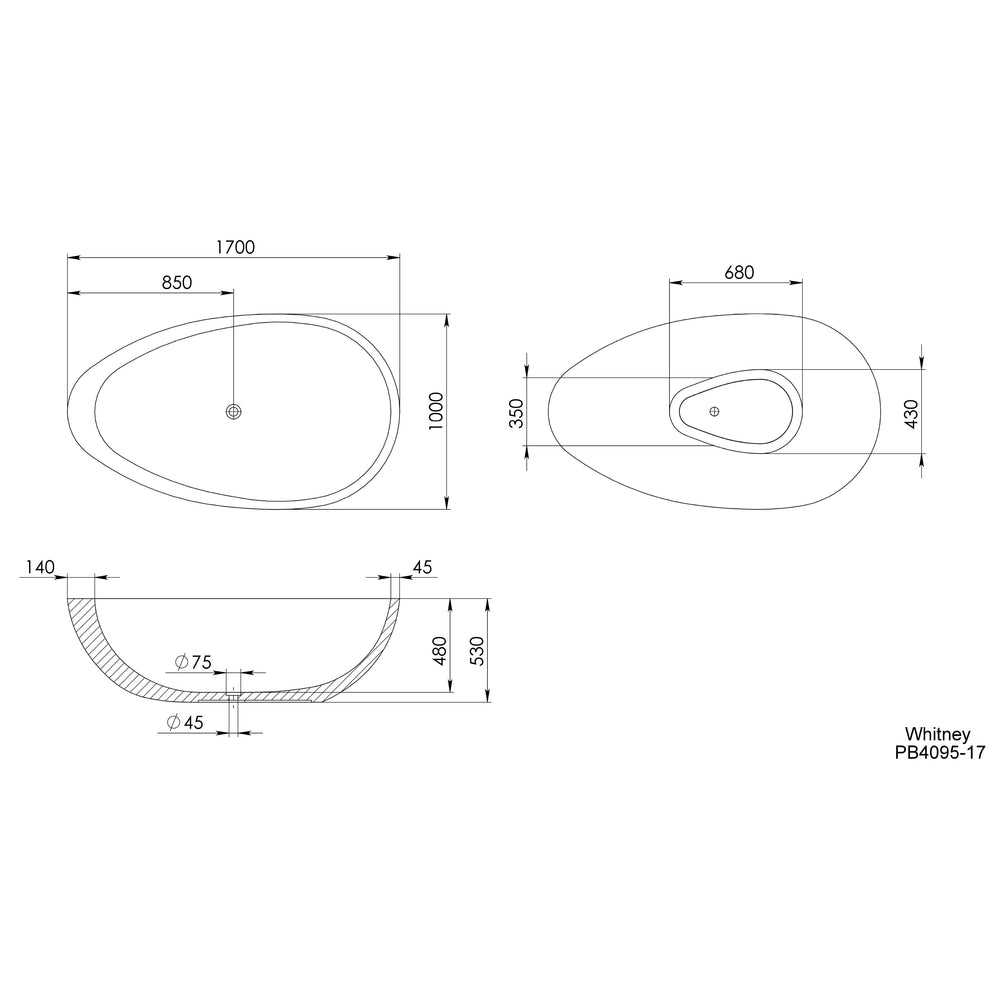 PIETRA BIANCA WHITNEY FREESTANDING STONE BATHTUB WITH CUSTOM COLOURS (AVAILABLE IN 1600MM, 1700MM AND 1800MM)