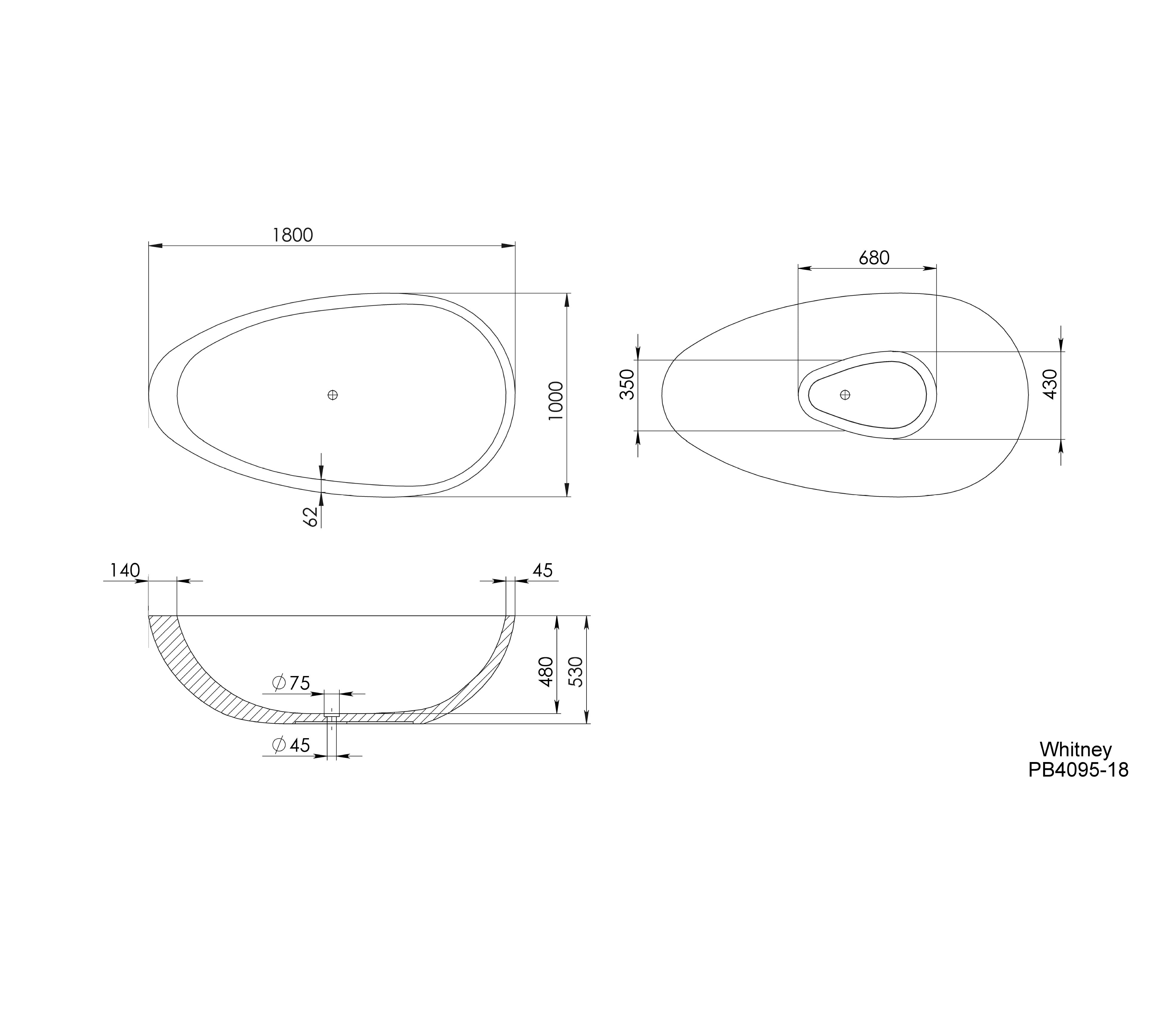 PIETRA BIANCA WHITNEY FREESTANDING STONE BATHTUB WITH CUSTOM COLOURS (AVAILABLE IN 1600MM, 1700MM AND 1800MM)
