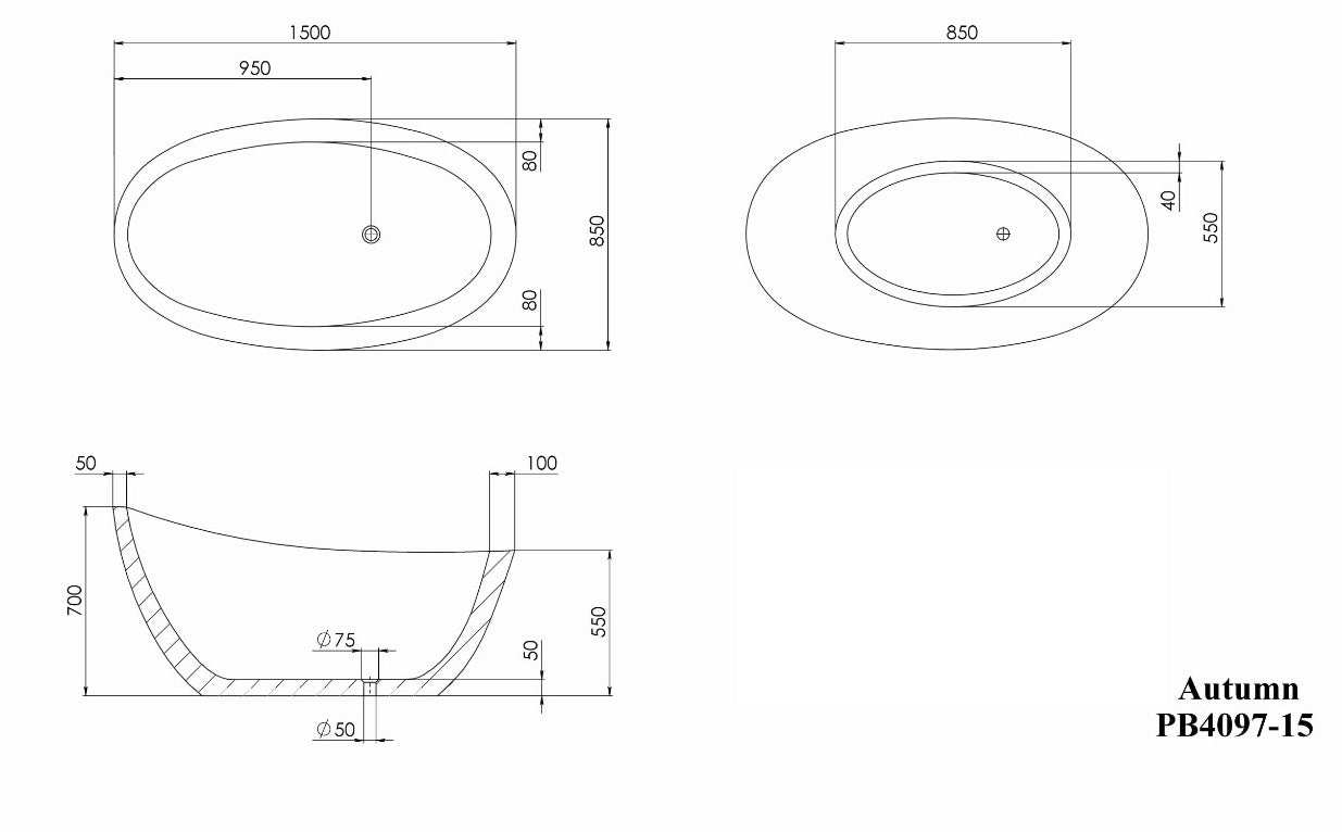 PIETRA BIANCA AUTUMN FREESTANDING STONE BATHTUB WITH CUSTOM COLOURS (AVAILABLE IN 1500MM AND 1700MM)