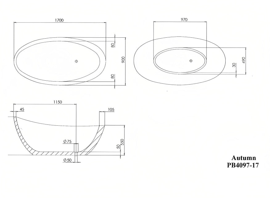 PIETRA BIANCA AUTUMN FREESTANDING STONE BATHTUB WITH CUSTOM COLOURS (AVAILABLE IN 1500MM AND 1700MM)