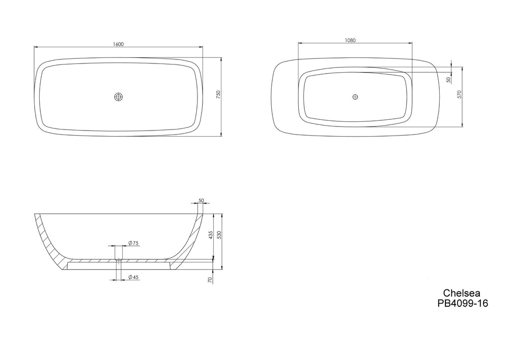 PIETRA BIANCA CHELSEA FREESTANDING STONE BATHTUB WITH CUSTOM COLOURS (AVAILABLE IN 1500MM, 1600MM AND 1700MM)
