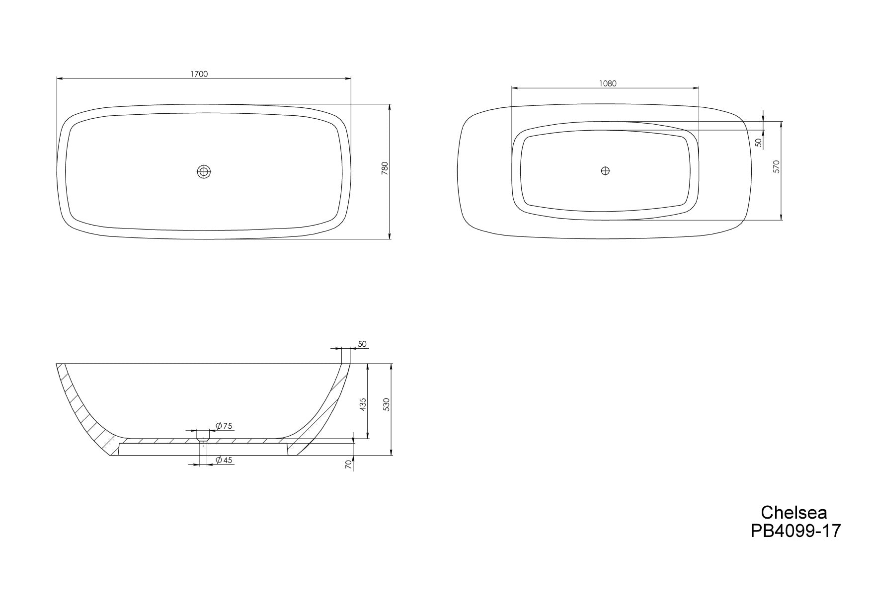 PIETRA BIANCA CHELSEA FREESTANDING STONE BATHTUB WITH CUSTOM COLOURS (AVAILABLE IN 1500MM, 1600MM AND 1700MM)