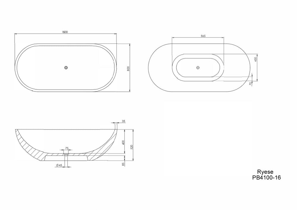 PIETRA BIANCA RYESE FREESTANDING STONE BATHTUB WITH CUSTOM COLOURS (AVAILABLE IN 1600MM, 1700MM AND 1800MM)