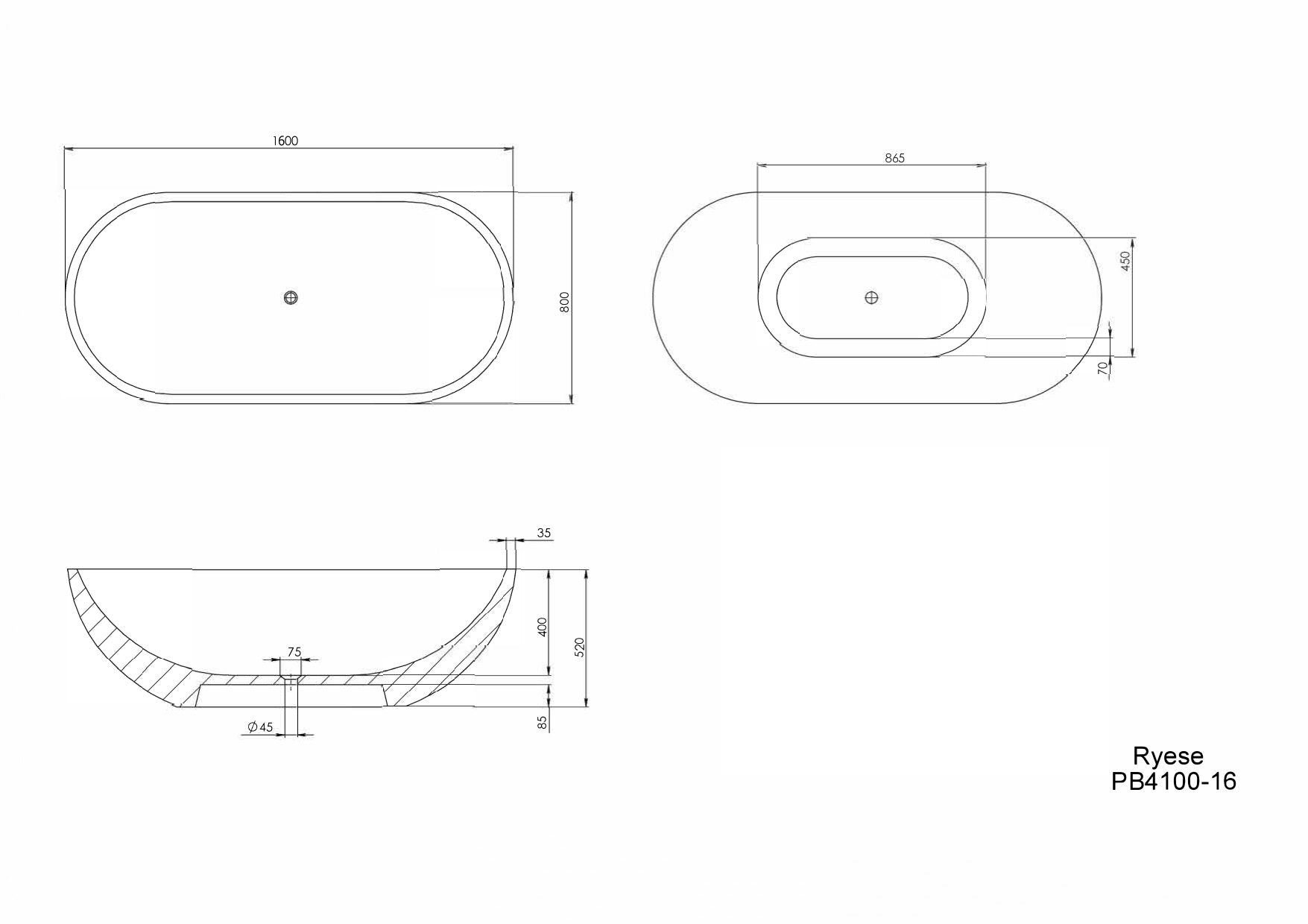 PIETRA BIANCA RYESE FREESTANDING STONE BATHTUB WITH CUSTOM COLOURS (AVAILABLE IN 1600MM, 1700MM AND 1800MM)