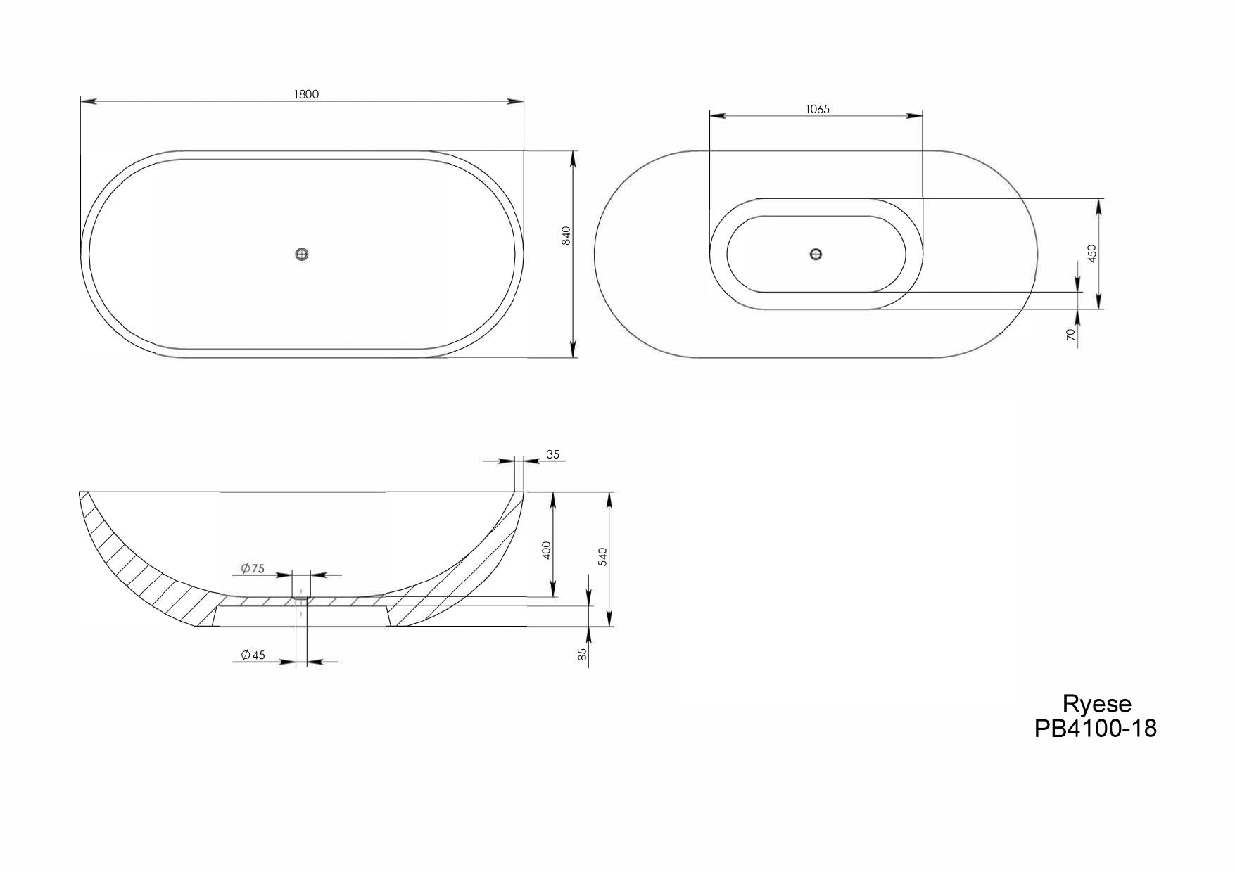 PIETRA BIANCA RYESE FREESTANDING STONE BATHTUB WITH CUSTOM COLOURS (AVAILABLE IN 1600MM, 1700MM AND 1800MM)