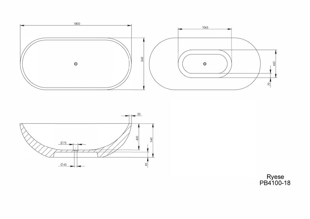 PIETRA BIANCA RYESE FREESTANDING STONE BATHTUB WITH CUSTOM COLOURS (AVAILABLE IN 1600MM, 1700MM AND 1800MM)