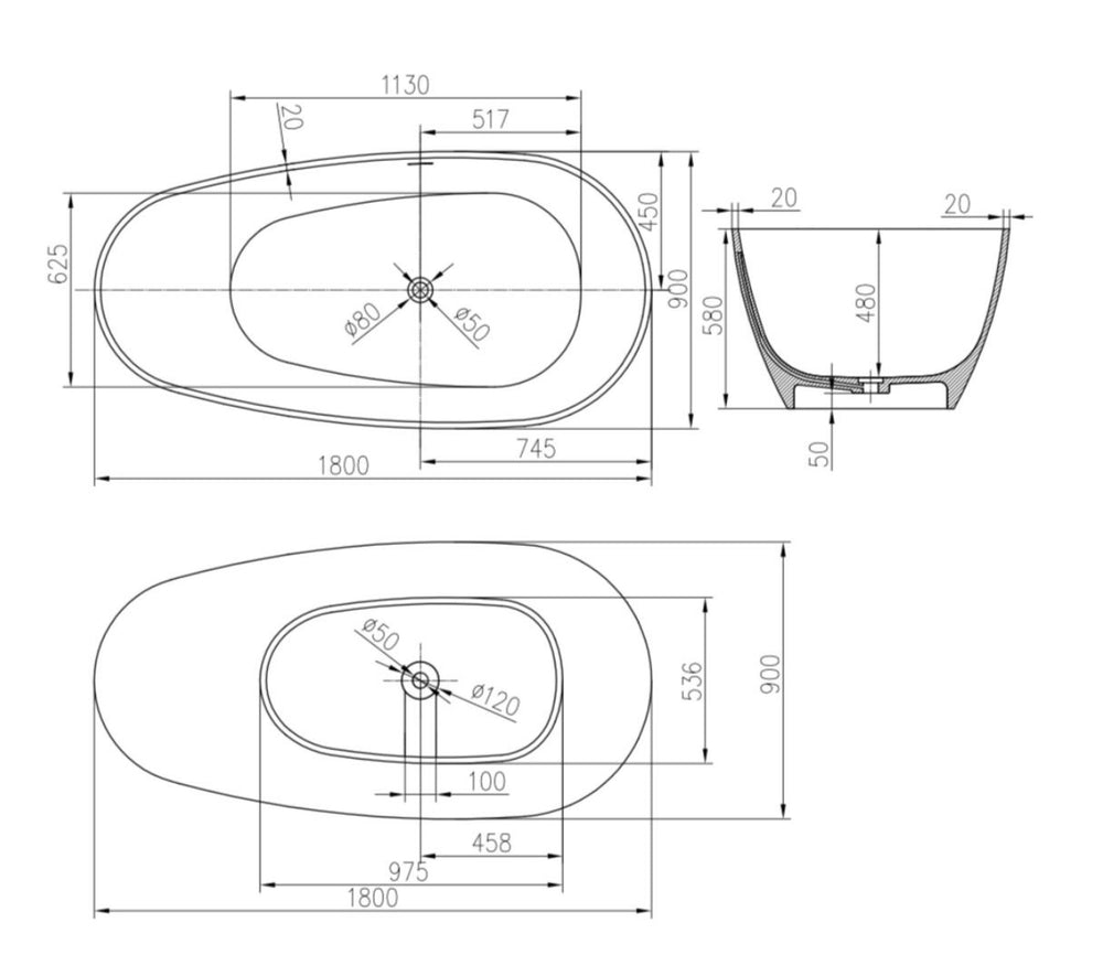 PIETRA BIANCA OLIVIA FREESTANDING STONE BATHTUB WITH CUSTOM COLOURS (AVAILABLE IN 1600MM AND 1800MM)
