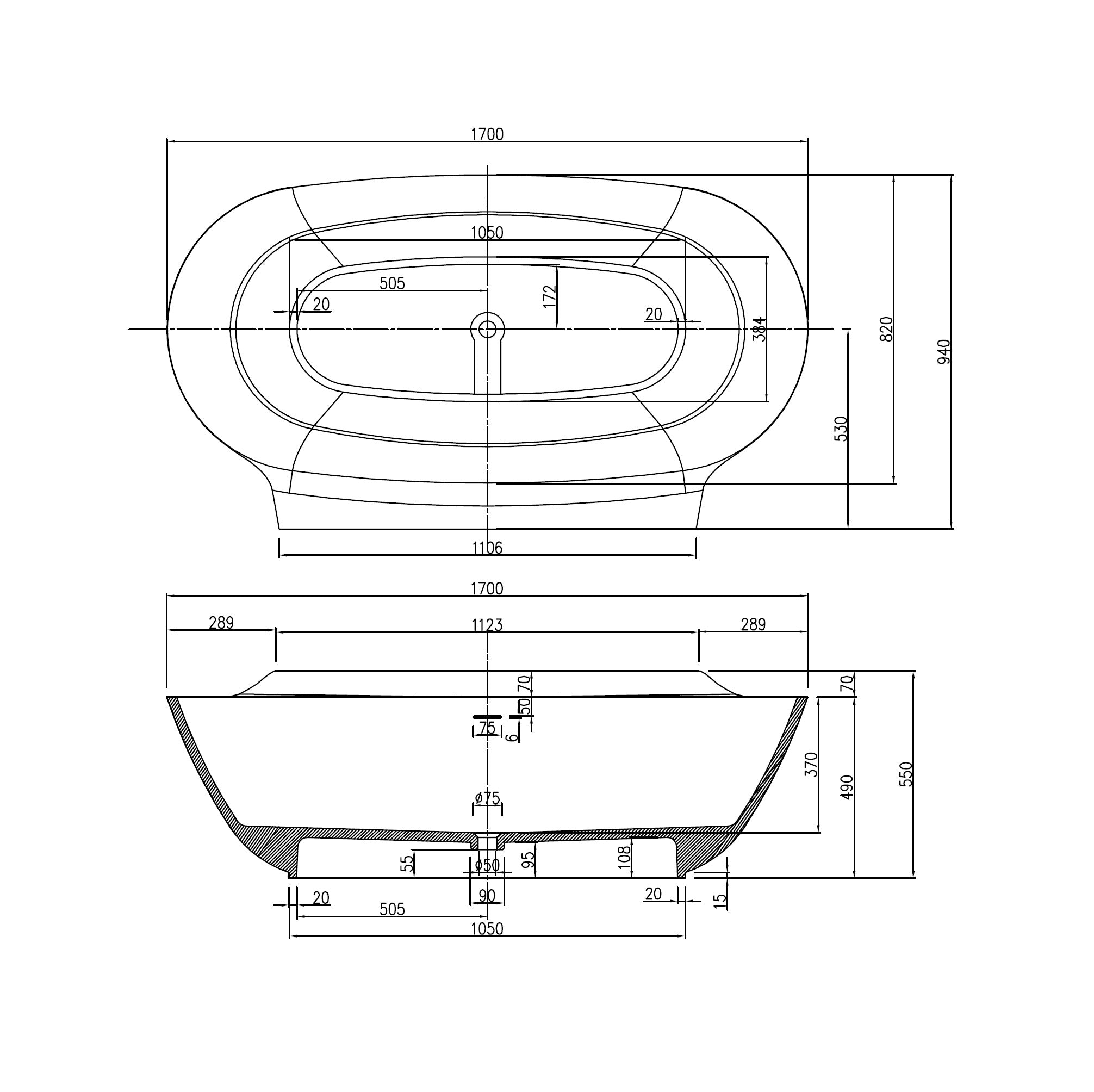 PIETRA BIANCA ALICE BACK-TO-WALL FREESTANDING STONE BATHTUB MATTE WHITE 1700MM