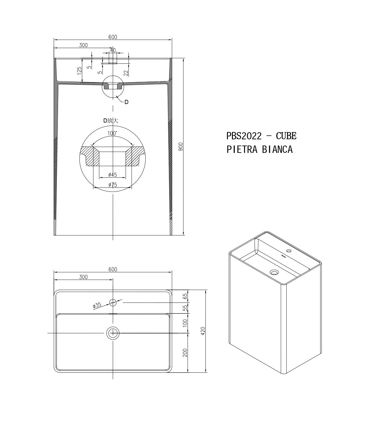 PIETRA BIANCA CUBE FREESTANDING PEDESTAL STONE BASIN WITH CUSTOM COLOURS 600MM