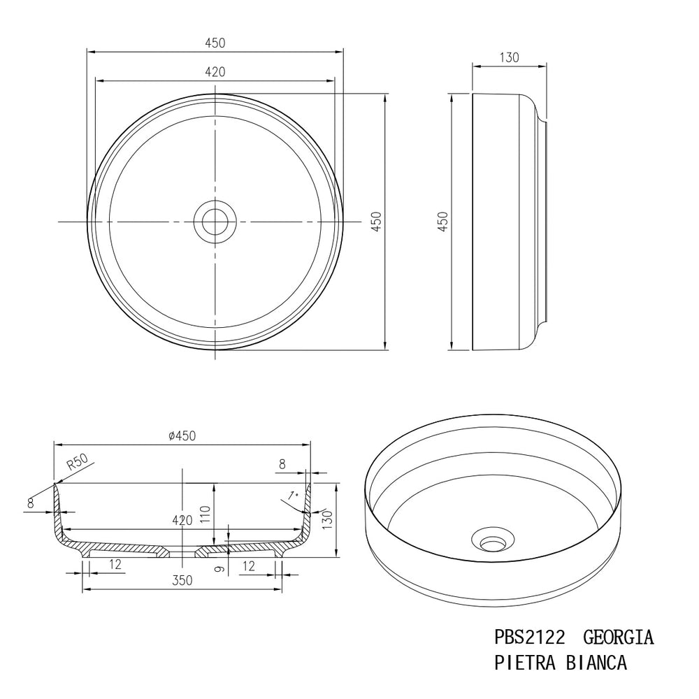 PIETRA BIANCA GEORGIA ABOVE COUNTER STONE BASIN WITH CUSTOM COLOURS 450MM