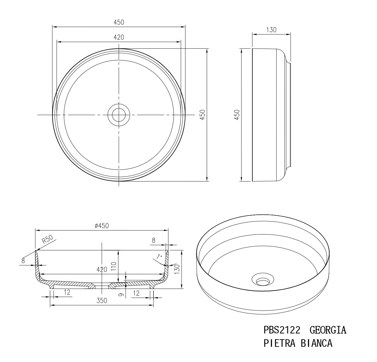 PIETRA BIANCA GEORGIA ABOVE COUNTER STONE BASIN WITH CUSTOM COLOURS 450MM