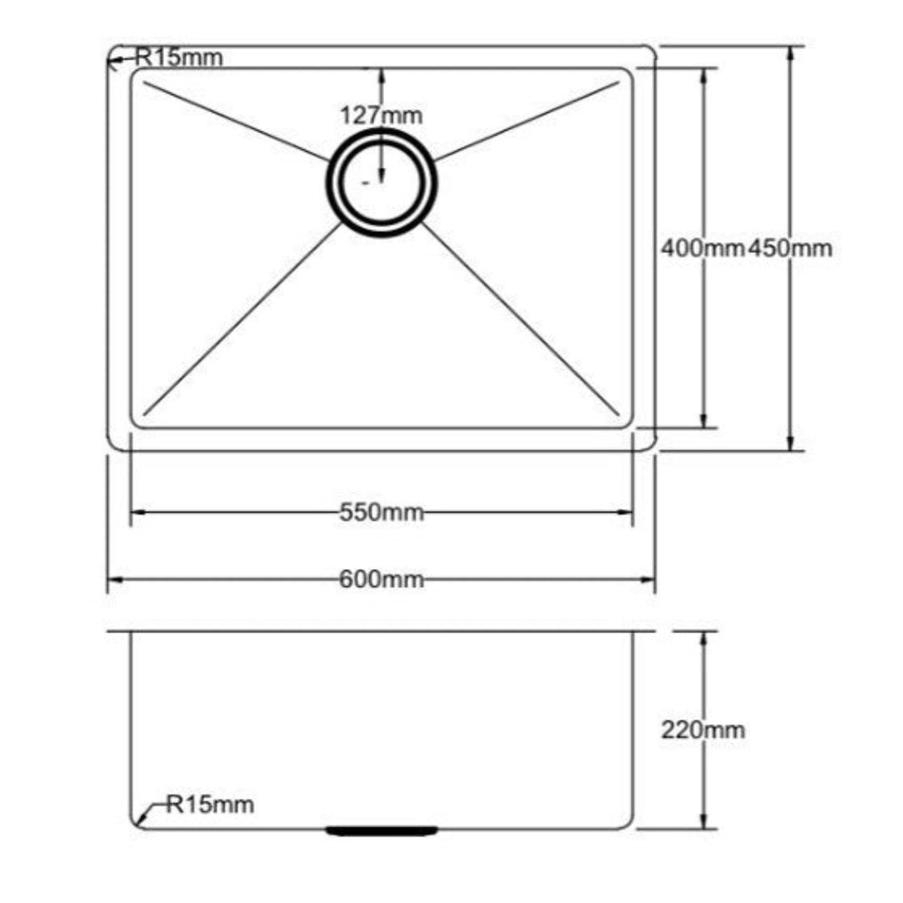 POSEIDON HANDMADE SINGLE BOWL UNDERMOUNT KITCHEN SINK STAINLESS STEEL 600MM