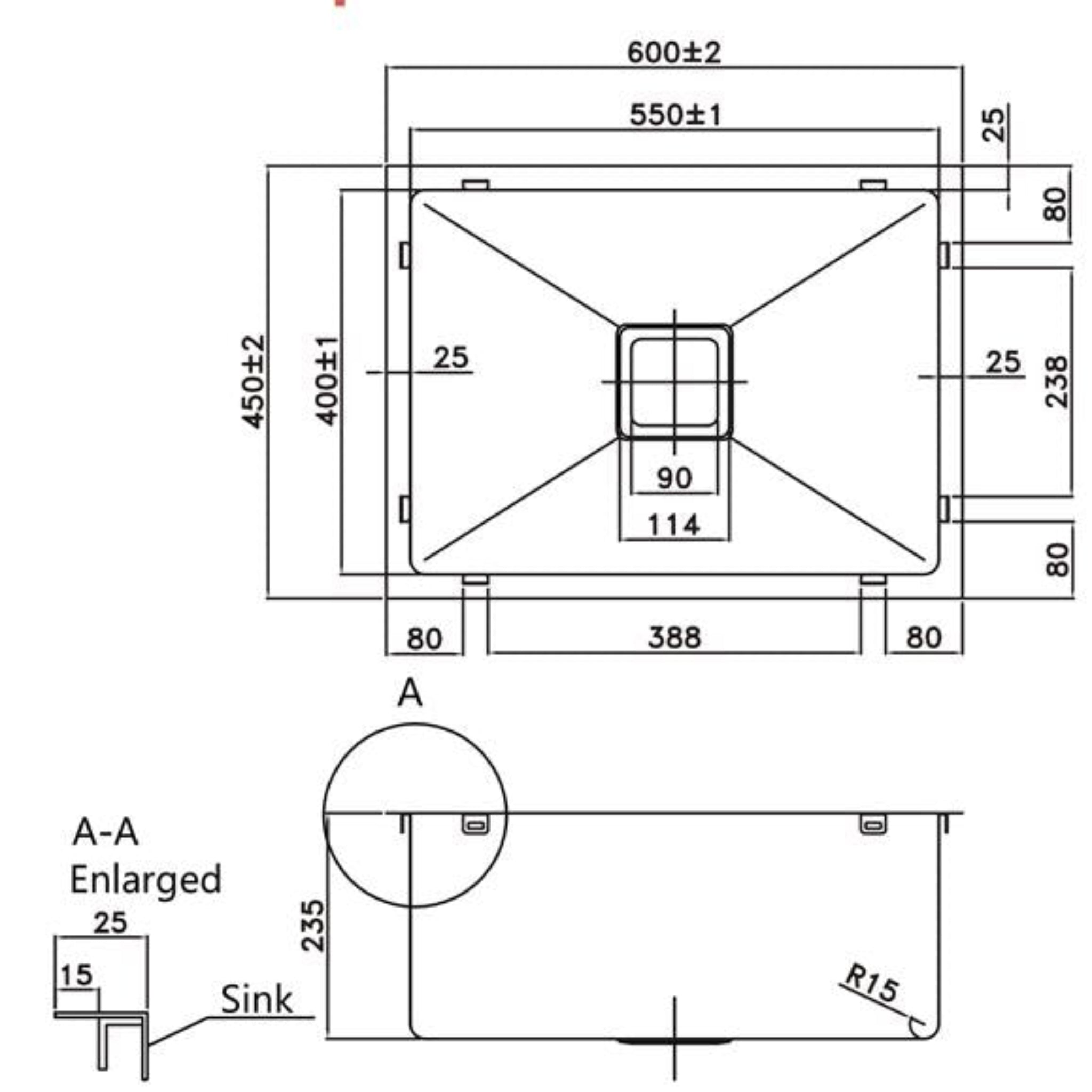 POSEIDON HANDMADE STAINLESS STEEL KITCHEN SINK 600MM