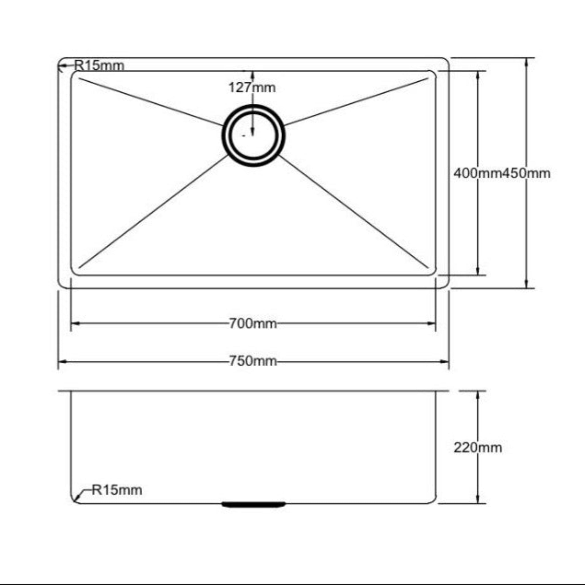 POSEIDON HANDMADE SINGLE BOWL TOP / UNDERMOUNT KITCHEN SINK STAINLESS STEEL 750MM
