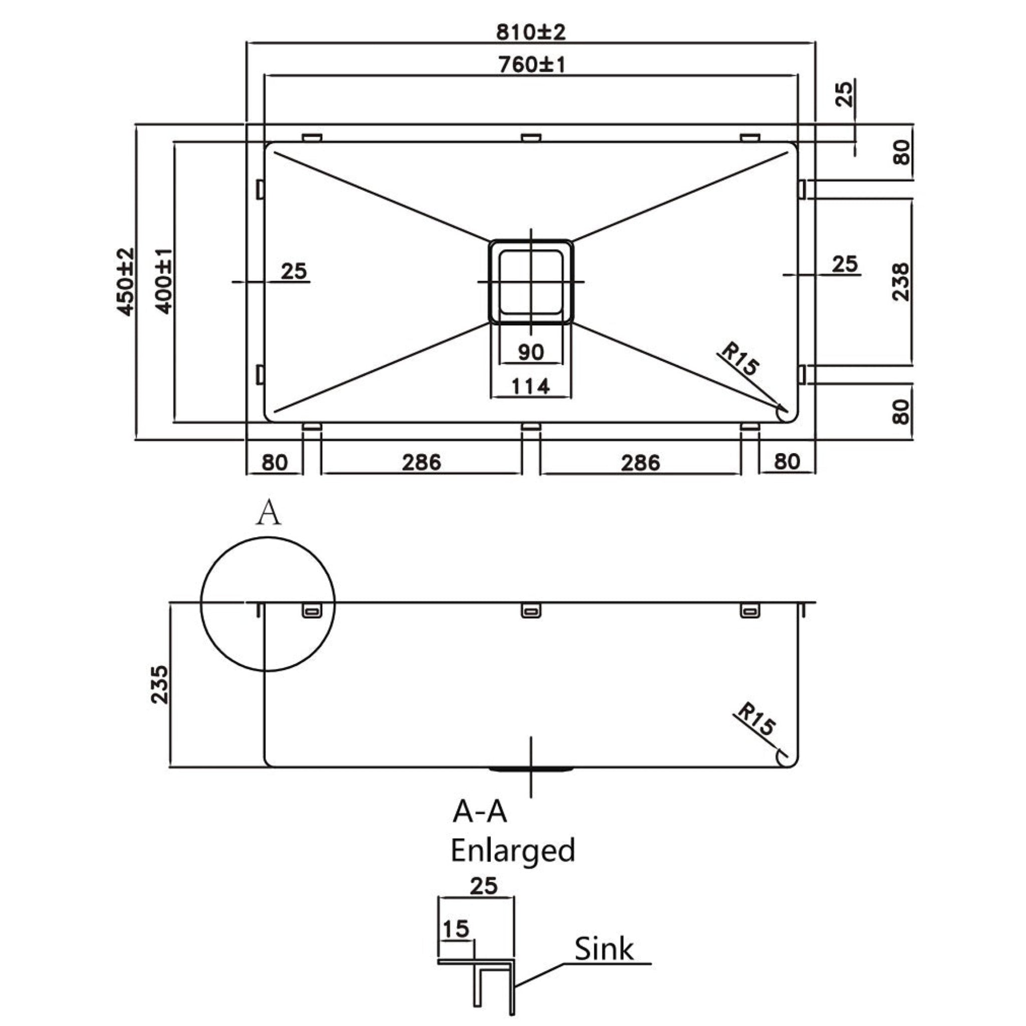 POSEIDON HANDMADE STAINLESS STEEL KITCHEN SINK 810MM