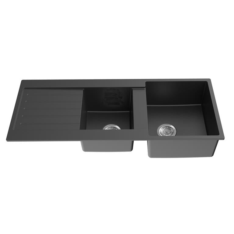 POSEIDON QUARTZ DOUBLE BOWL KITCHEN SINK MATTE BLACK 1160MM