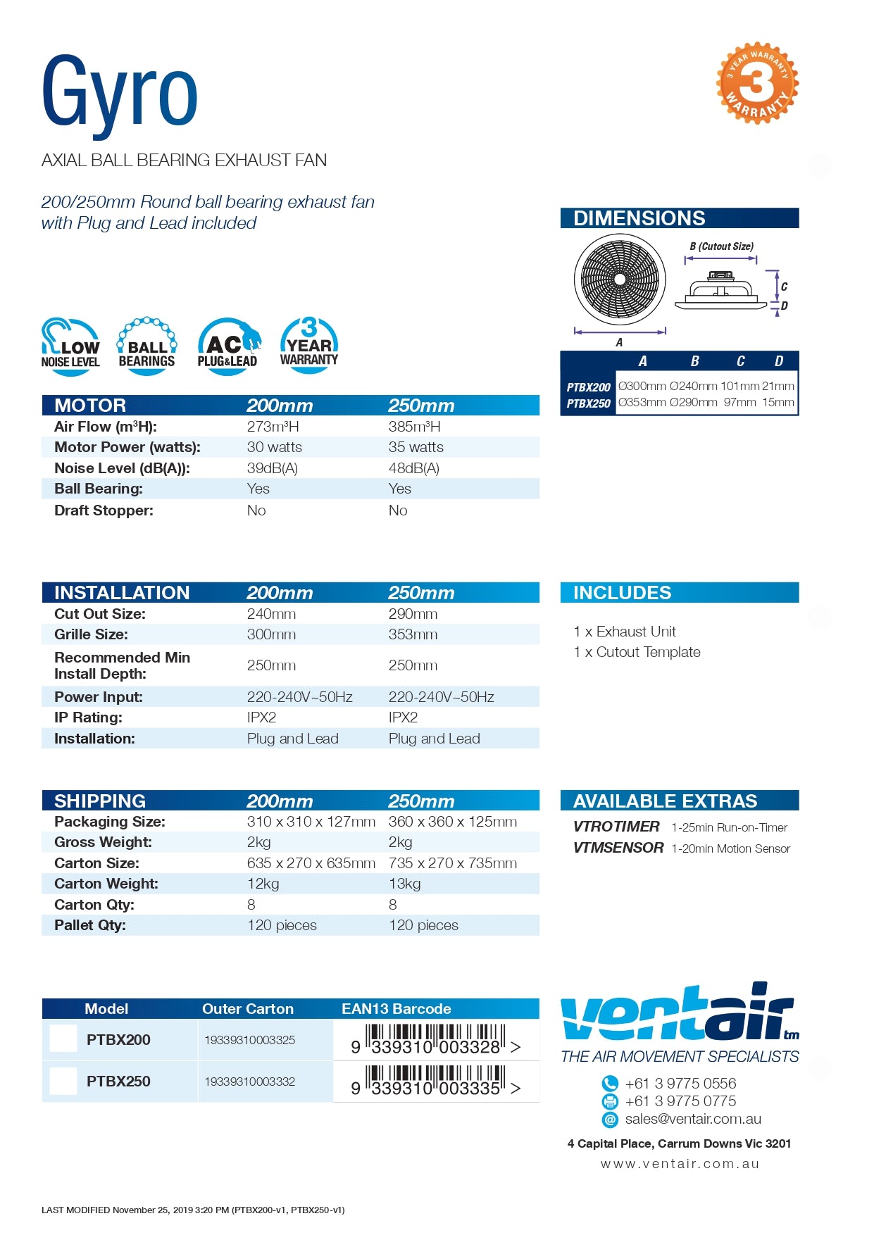 VENTAIR GYRO HIGH AIR EXTRACTION AXIAL EXHAUST FAN WHITE (AVAILABLE IN 200MM AND 250MM)