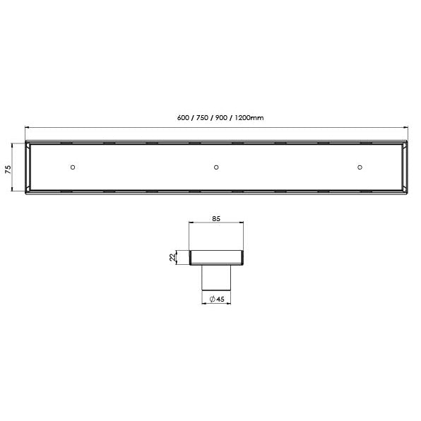 PHOENIX FLAT STAINLESS STEEL 45MM CHANNEL DRAIN TI 75 OUTLET 600MM, 750MM, 900MM AND 1200MM