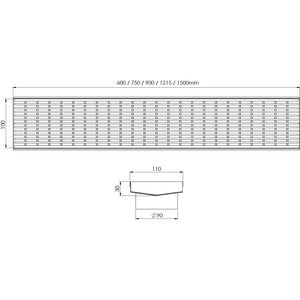 PHOENIX V STAINLESS STEEL 90MM CHANNEL DRAIN HG 100MM OUTLET 600MM, 750MM, 900MM AND 1200MM