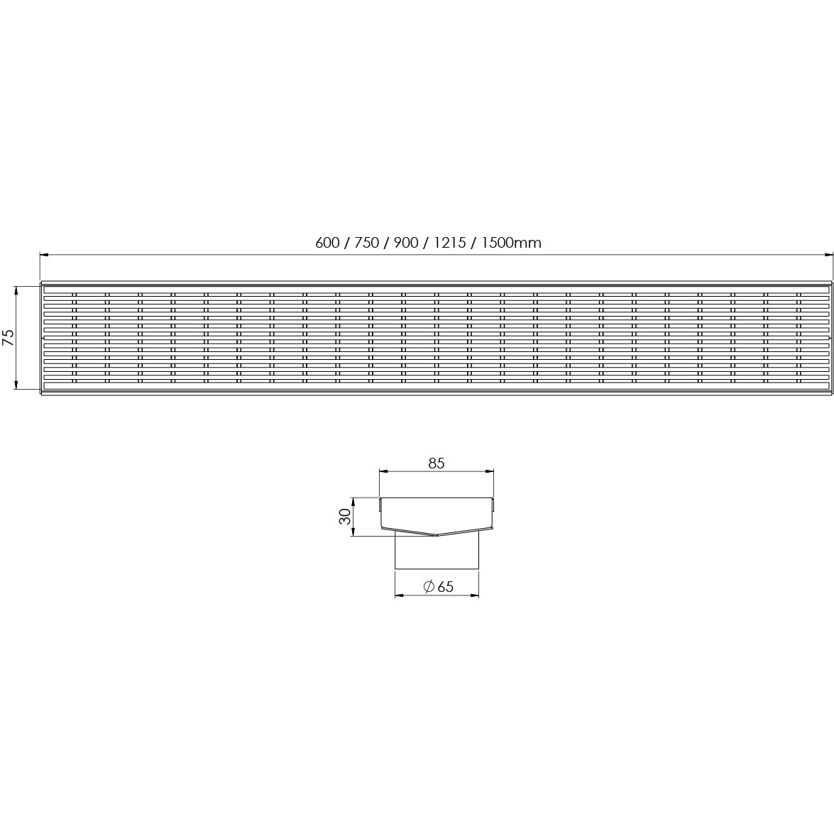 PHOENIX V STAINLESS STEEL 65MM CHANNEL DRAIN HG 75MM OUTLET 600MM, 750MM, 900MM AND 1200MM