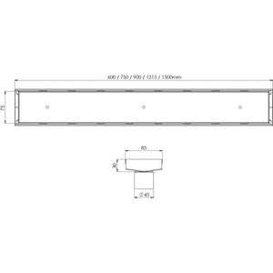 PHOENIX V MATTE BLACK 45MM CHANNEL DRAIN TI 75MM OUTLET 600MM, 750MM, 900MM AND 1200MM