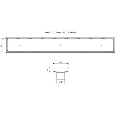 PHOENIX V MATTE BLACK 45MM CHANNEL DRAIN TI 75MM OUTLET 600MM, 750MM, 900MM AND 1200MM