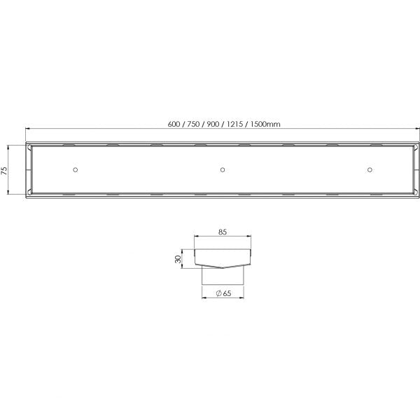 PHOENIX V STAINLESS STEEL 65MM CHANNEL DRAIN TI 75MM OUTLET 600MM, 750MM, 900MM AND 1200MM