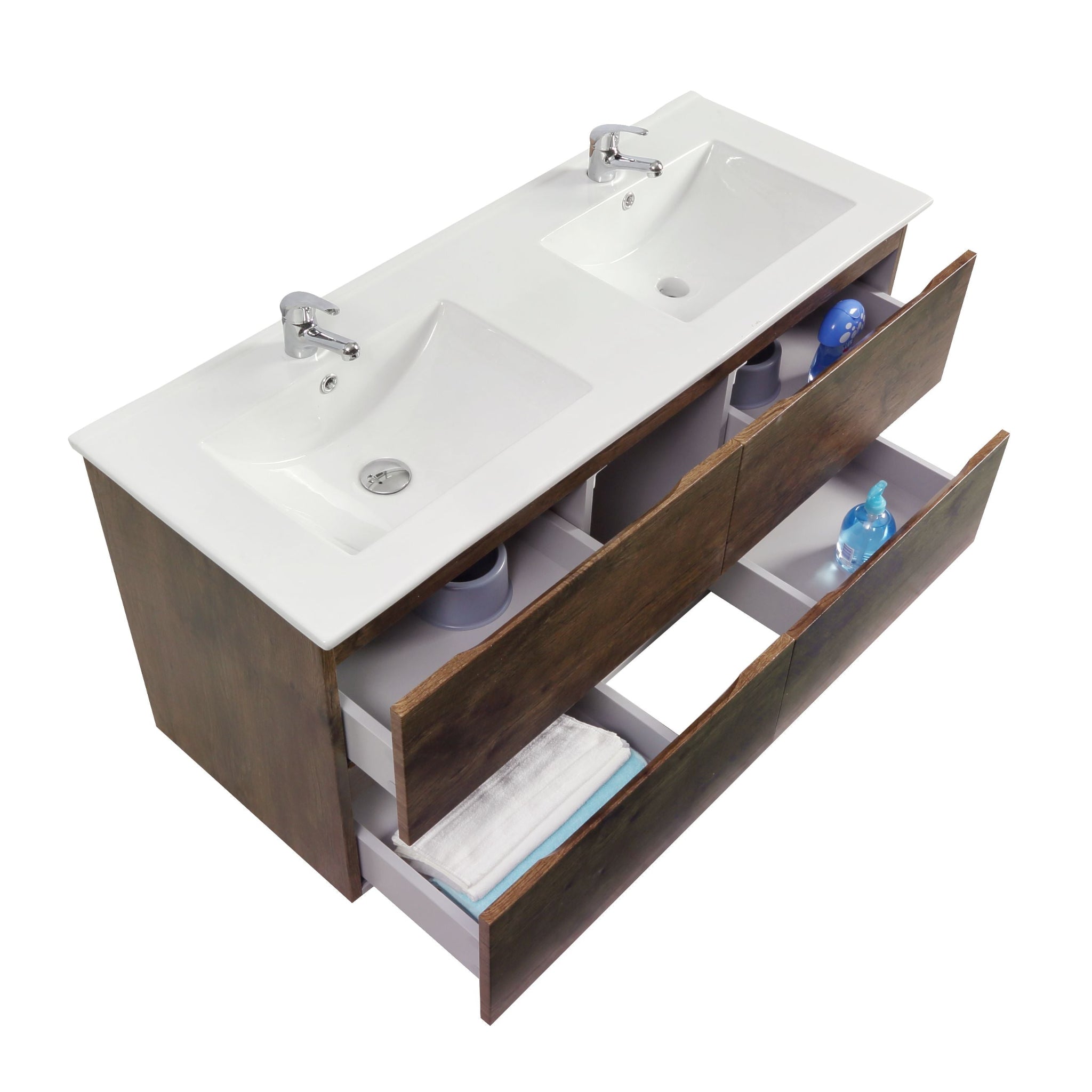 POSEIDON QUBIST DARK OAK 1200MM DOUBLE BOWL WALL HUNG VANITY